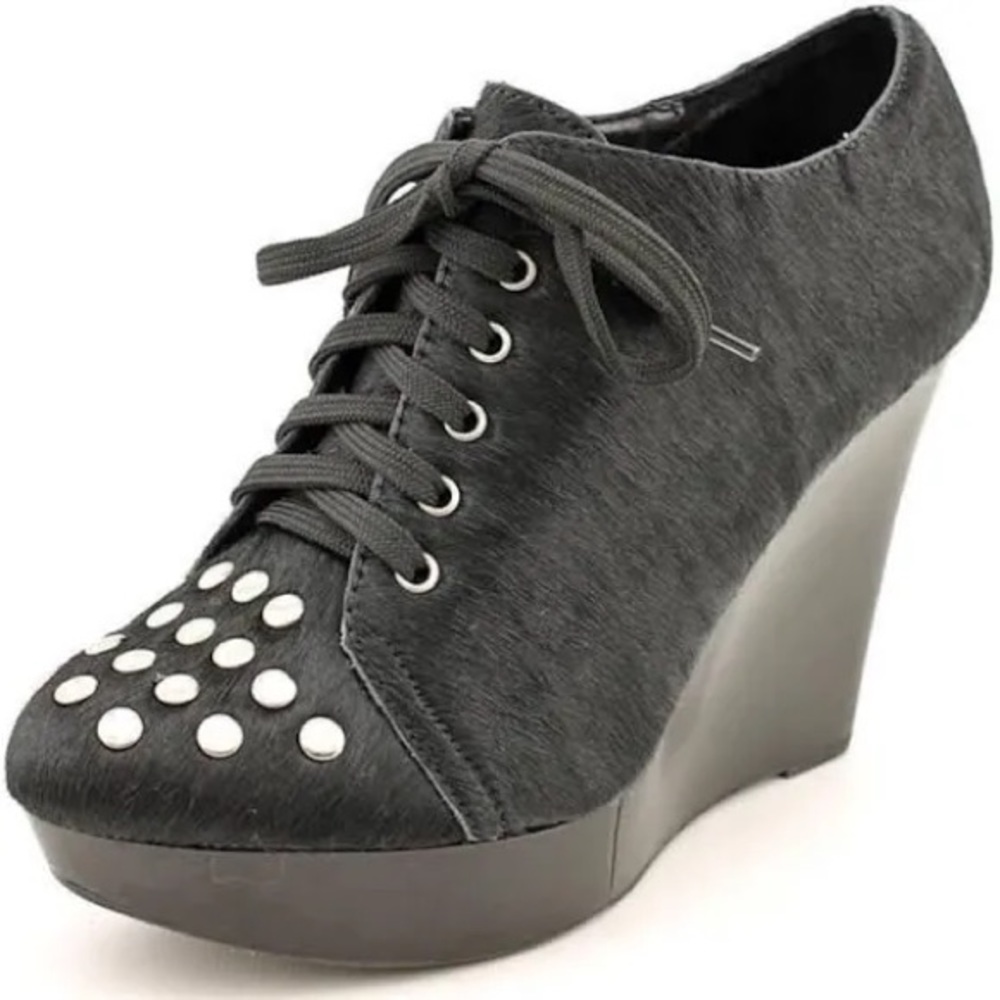Kensie pretty girl black calf hair studded wedges size 6